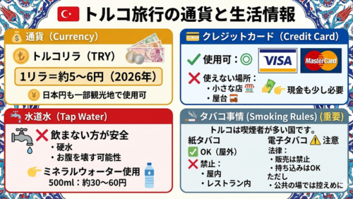 画像タイトル：トルコ旅行の通貨と生活情報

1. 通貨（Currency）（黄色の枠）

通貨名：トルコリラ（TRY）。

目安：1リラ＝約5〜6円（2026年）。トルコリラ紙幣のイラスト付き。

補足：日本円も一部の観光地で使用可能。

2. クレジットカード（Credit Card）（青い枠）

状況：VISA、Mastercardは広く使用可能（緑のチェックマーク）。

注意：小さな店や屋台では使えないため、現金も少し必要（赤いバツ印）。

3. 水道水（Tap Water）（赤い枠）

注意：飲まない方が安全（赤いバツ印）。硬水でお腹を壊す可能性があるため。

対策：ミネラルウォーターの使用を推奨。500mlで約30〜60円。

4. タバコ事情（Smoking Rules）（グレーの枠）

紙タバコ：屋外はOK。屋内やレストラン内は禁止（赤いバツ印）。

電子タバコ：販売は禁止だが、持ち込みはOK。公共の場では控えるようにとの注意書き。