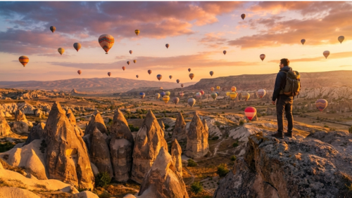 カッパドキアの朝、気球が浮かぶ絶景を高台から眺める旅行者の後ろ姿