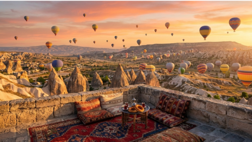 カッパドキアの朝、奇岩の上空に無数の気球が浮かぶトルコを代表する絶景