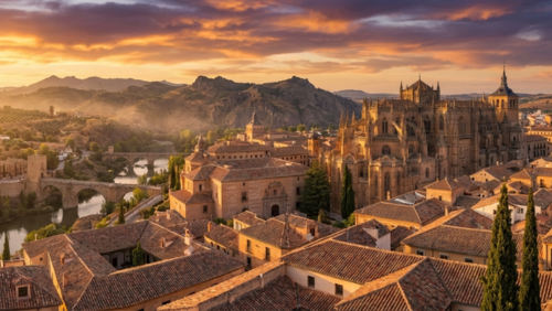 夕日に染まるスペインの街並みと歴史的建築、山々が広がる絶景パノラマ
