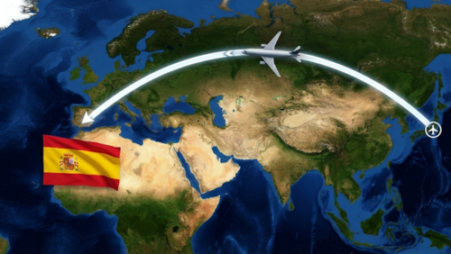 日本からスペインまでの飛行ルートとスペイン国旗を示した世界地図