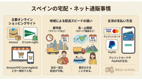スペインの宅配・ネット通販事情を3つのセクションで説明する日本語のインフォグラフィック。

主要オンラインショッピングサイト: AmazonとEl Corte Inglésのロゴが描かれ、「AmazonやEl Corte Inglésなどが一般的で人気」という説明。

地域による配送スピードの違い: 都市部（マドリードなど）は「当日〜翌日配送が可能」とし、ビル群と配送トラックのイラストを配置。島・山間部（カナリア諸島など）は「数日かかることがある」とし、島、船、トラック、山のイラストで表現。

主流の支払い方法: スマートフォンに表示されたクレジットカード、Visa、Mastercard、PayPalのロゴが並び、「クレジットカードやPayPalが主流」と説明。右下には、赤い×印がついた紙幣のイラストと共に「現金払いは少なめ」という補足がある。