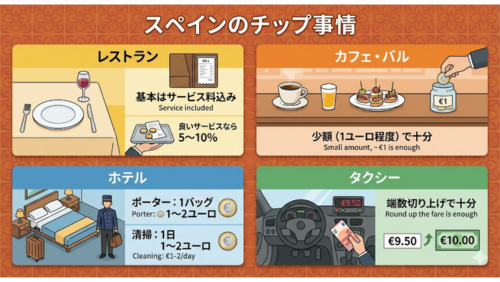 スペインのチップ事情を「レストラン」「カフェ・バル」「ホテル」「タクシー」の4つのカテゴリーで説明する日本語と英語のインフォグラフィック。

レストラン: 左上にテーブルセッティングと伝票、チップを渡す手のイラスト。「基本はサービス料込み（Service included）」、良いサービスを受けた場合は「5〜10%」が目安であると説明。

カフェ・バル: 右上にコーヒー、ビール、タパス（小皿料理）が並ぶカウンターのイラスト。瓶に1ユーロ硬貨を入れる様子と共に、「少額（1ユーロ程度）で十分（Small amount, ~€1 is enough）」と説明。

ホテル: 左下にベッドルームと荷物を持つポーターのイラスト。「ポーター：1バッグ 1〜2ユーロ（Porter: €1-2/bag）」「清掃：1日 1〜2ユーロ（Cleaning: €1-2/day）」と説明。

タクシー: 右下にタクシーの運転席とメーター（€9.50）、紙幣を渡す手のイラスト。「端数切り上げで十分（Round up the fare is enough）」とし、9.50ユーロを10.00ユーロとして支払う例が図示されている。