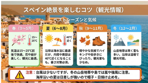 スペインの観光ベストシーズンと気候を解説した、横長（1920×1080サイズ）のインフォグラフィック画像。背景にはスペインの美しい海岸沿いの街並みが薄く敷かれている。

タイトル: 「スペイン絶景を楽しむコツ（観光情報）ベストシーズンと気候」

春（3～5月）: ピンクのパネル。桜のような花と温度計のイラスト。「気温は15～25℃前後で快適。花や緑が美しく、観光に最適。」と記載。

夏（6～8月）: 黄色のパネル。太陽とパラソルのイラスト。「沿岸は海水浴に最適だが、内陸や南部は40℃近くになることも。暑さ対策必須。」と記載。

秋（9～11月）: オレンジのパネル。紅葉した葉とトレッキングシューズのイラスト。「穏やかな気候でハイキングや街歩きにぴったり。観光客も少なめ。」と記載。

冬（12～2月）: 青のパネル。雪山と冬の海のイラスト。「山岳地帯は寒く雪も多い。沿岸は温暖で観光可能。」と記載。

注意点（下部枠内）: 黄色い警告アイコンと共に、「台風は少ないですが、冬の山岳地帯や島では嵐や強風に注意。海岸沿いの夏は日差しが強いので帽子・日焼け止めを。」というアドバイスが記されている。