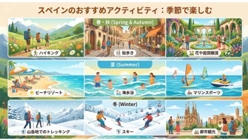 スペインの季節ごとの「おすすめアクティビティ」を3つの時間軸で紹介するインフォグラフィック画像。

タイトル: 「スペインのおすすめアクティビティ：季節で楽しむ」

春・秋 (Spring & Autumn):

ハイキング: 緑豊かな山道を歩くハイカーのイラスト。

街歩き: ヨーロッパらしい石畳の街並みを散策する人々のイラスト。

花や庭園観賞: 噴水のある美しいパティオ（中庭）と庭園のイラスト。

夏 (Summer):

ビーチリゾート: 青い海とパラソルの下でくつろぐ人々のイラスト。

海水浴: 海で泳いで楽しむ家族連れのイラスト。

マリンスポーツ: ウィンドサーフィンやジェットスキーを楽しむイラスト。

冬 (Winter):

山岳地でのトレッキング: 雪道を歩く登山者のイラスト。

スキー: 雪山を滑り降りるスキーヤーとリフトのイラスト。