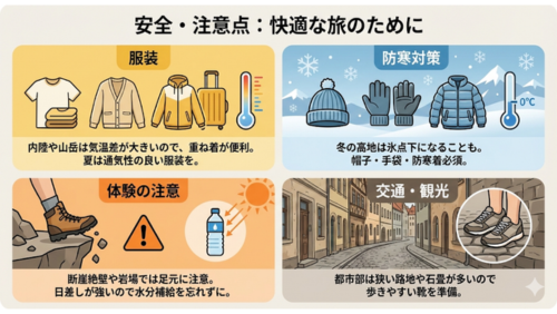 スペイン旅行における「安全・注意点」を4つの項目で解説したインフォグラフィック画像。

服装: 左上の黄色いパネル。Tシャツ、カーディガン、パーカー、スーツケース、温度計のイラスト。「内陸や山岳は気温差が大きいので、重ね着が便利。夏は通気性の良い服装を。」と記載。

防寒対策: 右上の青いパネル。ニット帽、手袋、ダウンジャケット、氷点下を示す温度計のイラスト。「冬の高地は氷点下になることも。帽子・手袋・防寒着必須。」と記載。

体験の注意: 左下のオレンジのパネル。断崖絶壁に置かれた足、警告マーク、水ボトルのイラスト。「断崖絶壁や岩場では足元に注意。日差しが強いので水分補給を忘れずに。」と記載。

交通・観光: 右下の灰色のパネル。ヨーロッパの古い街並み（石畳の路地）とスニーカーのイラスト。「都市部は狭い路地や石畳が多いので歩きやすい靴を準備。」と記載。