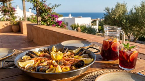 スペイン伝統料理パエリアと、フルーツ入りサングリアのセット