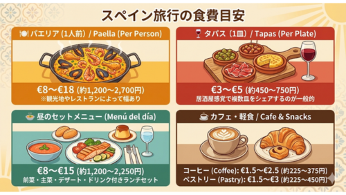スペイン旅行における主な食費の目安を4つのカテゴリーで紹介する、日本語と英語が併記されたインフォグラフィック画像。

パエリア (1人前) / Paella (Per Person): 左上のオレンジ色のパネル。ムール貝や海老が入った大きなパエリア鍋のイラスト。「€8〜€18（約1,200〜2,700円） ※観光地やレストランによって幅あり」と記載。

タパス (1皿) / Tapas (Per Plate): 右上の赤色のパネル。生ハム、オリーブ、スペイン風オムレツなどが盛られた複数の小皿と赤ワイングラスのイラスト。「€3〜€5（約450〜750円） 居酒屋感覚で複数皿をシェアするのが一般的」と記載。

昼のセットメニュー (Menú del día): 左下の緑色のパネル。スープ、メインの魚料理、パン、デザートのプリン、ワイングラスが並んだ豪華なセットのイラスト。「€8〜€15（約1,200〜2,250円） 前菜・主菜・デザート・ドリンク付きランチセット」と記載。

カフェ・軽食 / Cafe & Snacks: 右下の茶色のパネル。ラテアートが施されたコーヒーカップと、クロワッサンやチョコデニッシュが盛られた皿のイラスト。「コーヒー (Coffee): €1.5〜€2.5（約225〜375円）」「ペストリー (Pastry): €1.5〜€3（約225〜450円）」と記載。