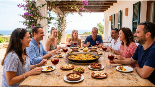 スペインの食卓で、パエリア、タパス、サングリアをシェアして楽しむ様子。地中海のテラスでカジュアルに食事を楽しむ雰囲気。
