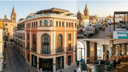 セビリア旧市街のブティックホテル「オンリー ユー ホテル セビリア」の外観とテラス。モダンで上品なデザインと歴史的街並みを楽しめる雰囲気。
