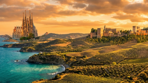 スペインの絶景を一枚で表現。バルセロナのサグラダ・ファミリア、グラナダのアルハンブラ宮殿、地中海の海岸線、丘陵地が夕日に照らされる壮大な風景。
