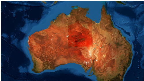オーストラリア大陸の中央部に位置するレッドセンター（ノーザンテリトリー）を示した衛星視点の地図イメージ