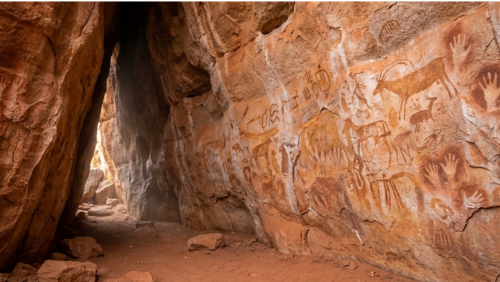 オーストラリア中央部の赤い砂岩の洞窟内に描かれた、先住民アボリジニの古代ロックアート