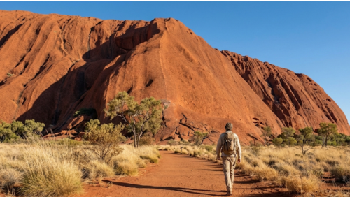 ウルルの麓を歩くベースウォークのトレイルと、間近にそびえる巨大な赤い岩山