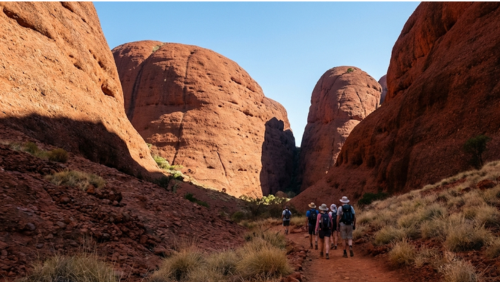 カタ・ジュタのバレー・オブ・ザ・ウィンズ・トレイルで巨大な奇岩の間を歩くトレッキング風景