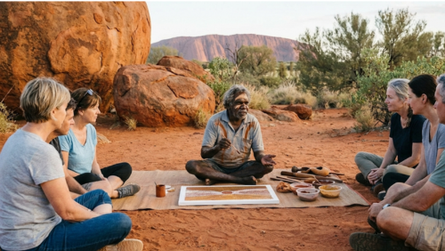 ウルル周辺で先住民アナング族の長老がドットペインティングと物語を披露する文化体験の様子