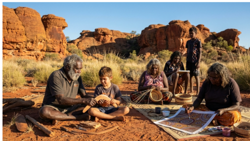 オーストラリア中央部の赤い砂漠で、先住民アボリジニが伝統的な工芸や生活の知恵を実演している様子