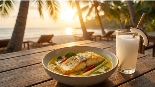 中央オーストラリアのラムチョップとアップル＆ジンジャージュースをテーブルに並べた様子