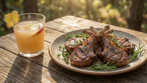 中央オーストラリアのラムチョップとアップル＆ジンジャージュースをテーブルに並べた様子