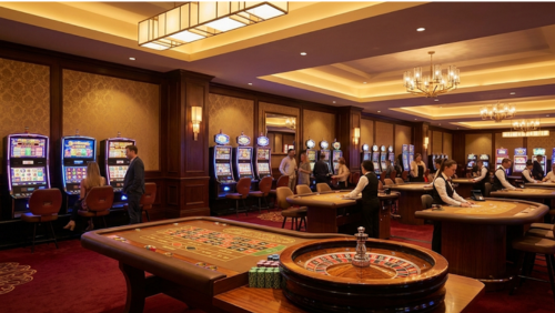 クラウンプラザ アリススプリングス ラセターズ内にある、スロットマシンやルーレットが並ぶ高級感あるカジノ