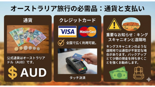 タイトル：オーストラリア旅行の必需品：通貨と支払い

この画像は、オーストラリア旅行に関する実用情報を3つのセクションで説明するインフォグラフィックです。背景には、ぼかしたウルル（エアーズロック）のアウトバック風景が使われています。

通貨（左セクション）

ビジュアル： 木のテーブルの上に置かれた色鮮やかなオーストラリアドルの紙幣（5, 10, 20, 50, 100ドル）と硬貨の写真。

テキスト： 「公式通貨はオーストラリアドル（AUD）です。」という説明と、大きく「$ AUD」のロゴ。

クレジットカード（中央セクション）

ビジュアル： 「VISA」と「MasterCard」のロゴマーク。その下に「全国で広く利用可能。」というテキストとチェックマーク。下部には、端末にカードをかざしてタッチ決済を行っている様子の写真。

テキスト： 「タッチ決済」というラベル。

重要なお知らせ：キングスキャニオンと遠隔地（右セクション）

ビジュアル： 黄色の警告マークと、岩山のアイコン。下部には現金の束とバックパックのイラスト。

テキスト： 「キングスキャニオンのような遠隔地では通信が不安定な場合があります。バックアップとして少額の現金を持ち歩くことを強くお勧めします。」という注意喚起。