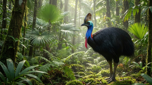 デインツリー熱帯雨林のジャングルの中で、青い首と黒い体を持つ巨大な飛べない鳥ヒクイドリが立っている姿。