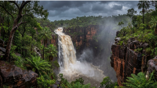 雨季のカカドゥ国立公園で、水量が増して巨大な水が流れ落ちる迫力ある滝の風景