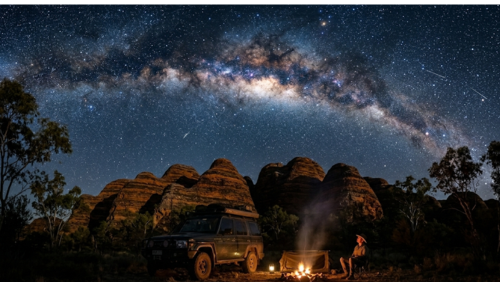 人工的な光害が一切ない、オーストラリアのアウトバック（パーヌルル国立公園）の真夜中を描いた、圧倒的なスケールの星空写真です。

背景と構図： 画面の3分の2以上を、無数の星々、星団、星雲が密集した、吸い込まれるような天の川の巨大なアーチが支配しています。宇宙の深い青黒さと、天の川の鮮やかで光輝くディテールが対比されています。数本の流れ星が星空を横切っています。

前景： 画面下部には、パーヌルル国立公園を象徴する、オレンジと黒の縞模様を持つ特徴的な「蜂の巣ドーム（バングル・バングル山脈）」が、夜空を背景にドラマチックなシルエットとしてそびえ立っています。

キャンプシーン： ドームの麓には、オフロード仕様のトヨタ・ランドクルーザー70シリーズ（画像149の車両）が、すべてのライトを消して駐車しています。その横には、石で囲まれた小さな焚き火が温かいオレンジ色の光を放ち、周囲をわずかに照らしています。焚き火の隣には、丸められたキャンプ用の寝具（スワッグ）があり、その傍らにオーストラリアのアウトバックらしい帽子を被った男性が座り、天を仰いで星空に見入っています。

環境： キャンプサイトを囲むように、ユーカリの木々が立ち並び、手付かずの自然と完全な静寂を感じさせます。画像は超高解像度（8K）で、岩の質感、星の一つ一つ、男性の表情まで鮮明に描写されています。