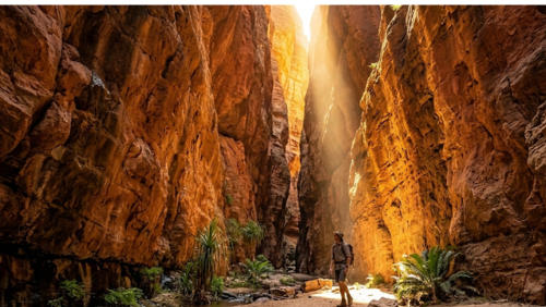 オーストラリアのバングル・バングル山脈（パーヌルル国立公園）にある、狭い岩の裂け目「エキドナ・チャズム」の神秘的な風景写真です。

背景と光： 垂直にそびえ立つ左右の巨大な赤い岩壁の間に、わずかな隙間があります。正午頃の太陽光が真上から一直線に差し込み、暗い峡谷内にまばゆい黄金色のカーテンのような光の筋（ライトビーム）を作っています。光を浴びた砂岩の壁面は、細かな凹凸まで強調され、燃えるようなオレンジ色に輝いています。

前景と人物： 峡谷の底は湿り気を帯びた砂地で、シダ植物やソテツなどの緑の植物が点在しています。画面右下には、バックパックを背負い帽子を被ったハイカーの男性が立っており、圧倒的なスケールの岩壁と降り注ぐ光を見上げています。

構図： 縦に長い峡谷の形状を強調する構図で、人間の小ささと自然の造形美の対比が描かれています。岩の質感、立ち上るわずかな塵、植物の葉一枚一枚が鮮明に描写されています。