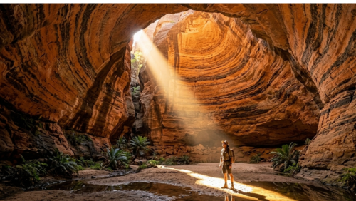 オーストラリアの世界遺産、パーヌルル国立公園にある「カテドラル・ゴージ」の内部を捉えた、壮大で神秘的な風景写真です。

背景と構造： 砂岩が長い年月をかけて削られてできた、巨大なドーム状の天然ホールが描かれています。壁面にはバングル・バングル特有のオレンジと黒の水平な縞模様が美しく重なり、上部に向かって緩やかに湾曲しています。

光の演出： ドームの天井にある裂け目から、一筋の力強い黄金色の太陽光（ライトビーム）が斜めに差し込み、峡谷の暗がりをドラマチックに照らしています。光が地面の砂に当たり、周囲の岩肌を暖かく反射させています。

前景と人物： 右下には、バックパックを背負い帽子を被った一人のハイカーが立っており、光のビームを見上げるように佇んでいます。彼の存在によって、この天然ドームの巨大なスケールが強調されています。足元には小さな水たまりがあり、洞窟内の風景を鏡のように映し出しています。

環境： 峡谷の底にはシダ植物やソテツなどの鮮やかな緑が点在し、乾燥した赤い岩肌とのコントラストを生んでいます。