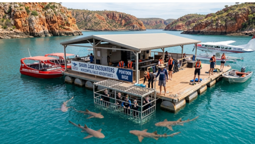 西オーストラリア州のタルボット湾に浮かぶ、ホリゾンタル・フォールズ・アドベンチャーズの拠点「水上ポンツーン（浮島）」を捉えた実写風の写真です。

中央の構造物： ターコイズブルーの海に、屋根付きの広いデッキを備えた巨大な水上ポンツーンが浮かんでいます。看板には「SHARK CAGE ENCOUNTERS - HORIZONTAL FALLS ADVENTURES - PONTOON BASE」と記されています。

サメ用ケージと体験： ポンツーンの手前側には金属製のサメ用ケージが海中に設置されており、中に入った観光客が水面近くを泳ぐ数匹のオオテンジクザメ（Tawny Nurse Sharks）を間近で観察しています。

アクティビティの様子： デッキの上では、オレンジ色のライフジャケットやウェットスーツを着用した人々が、スノーケリングの準備をしたり、休憩したりしています。

乗り入れ車両・機体： ポンツーンの左側には赤い高速ジェットボートが、右側には白い水上飛行機（シープレーン）が停泊しており、ここが冒険の拠点であることを示しています。

背景： 周囲はキンバリー地域特有の荒々しい赤褐色の砂岩の崖に囲まれており、静かな入り江の美しい景観が広がっています。