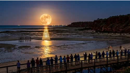 西オーストラリア州ブルームのタウンビーチで、満月の夜にのみ現れる「月への階段」を描いた幻想的な風景写真です。

中央の被写体（月と光）： 地平線に近い位置に、巨大で輝く黄金色の満月が浮かんでいます。その強い月光が、引き潮によって露出した起伏のある干潟の波紋や水たまりに一直線に反射し、まるで月へと続く黄金の階段のような光の帯を作り出しています。

前景の様子： 手前の木製の遊歩道（デッキ）には、この奇跡的な瞬間を鑑賞するために多くの人々が集まっています。人々の姿は逆光によりシルエットとなっており、月を指さしたり、静かに見守ったりしている様子が描かれています。

背景と色彩： 夜空は深い藍色から地平線付近の淡いオレンジ色へとグラデーションしており、数千の星が輝いています。画面右側にはブルーム特有の赤い崖が暗いシルエットとしてそびえ立ち、遠くには港の灯りがわずかに見えます。

全体の雰囲気： 自然界が織りなす静寂と神秘性を感じさせる構図で、干潟の砂の質感まで鮮明に描写された超高解像度画像です。