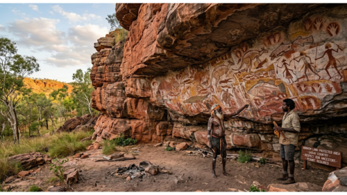 オーストラリアのノーザンテリトリー（北部準州）にある先住民保護区「アーネムランド」で、数万年前から続くロックアート（岩壁画）を捉えた、文化的で神秘的な風景写真です。

中央の被写体（ロックアート）： 赤褐色の巨大な砂岩のオーバーハング（岩のひさし）に、伝統的なアボリジナル・アートが鮮やかに描かれています。カンガルーや魚（バラマンディ）、カメなどの動物、そして多くの「手形」や幾何学模様が、オーカー、白土、木炭などの自然顔料を使って重ね描きされています。

人物の様子： 岩壁の前には、伝統的な装飾を施した年配のアボリジニの男性（エルダー）が立ち、長い棒を使って壁画の物語を説明しています。その隣では、バックパックを背負った若いアボリジニのガイドが、敬意を持ってその話に耳を傾けています。

背景と環境： 背後には、夕暮れ時の黄金色の光に照らされたキンバリー特有の乾燥したブッシュ、ユーカリの木々、そして遠くの赤い崖が広がっています。

足元の看板： 画面右下には「ARNHEM LAND PROTECTED AREA - RESPECT OUR ANCESTORS - PERMIT REQUIRED（アーネムランド保護区 - 私たちの先祖を敬いなさい - 入域許可必須）」と記された木製の看板が立っており、この地が特別な聖域であることを示しています。

全体の雰囲気： 数万年の歴史と現代が交差するような、静寂と重厚さを感じさせる超高解像度8K画像です。