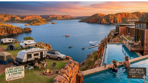 アーガイル湖を望む断崖に位置する「ディスカバリーリゾーツ」の全体像を、宿泊の選択肢に焦点を当てて描いたパノラマ画像です。

右側（豪華なヴィラ・エリア）： 崖の端に建てられたモダンで洗練された高級ヴィラが並んでいます。手前には有名なインフィニティ・プールがあり、水着姿のカップルが湖を眺めながら寛いでいます。看板には日本語で「豪華なヴィラ」と記されています。

左側（キャンプ・キャラバンサイト）： 芝生のエリアには、本格的なキャンピングトレーラー（キャラバン）やテントが並び、焚き火を囲んでリラックスする旅行者の姿があります。看板には日本語で「本場の空気を味わえる」と記されており、野生味溢れる滞在スタイルを表現しています。

背景の景観： 画面中央には広大なアーガイル湖が広がり、夕日に照らされた赤い岩山と入り組んだ入江が美しいコントラストを描いています。湖面には観光船や水上飛行機が点在し、リゾート全体の活気が伝わります。

全体の雰囲気： 「ラグジュアリーな休息」と「ワイルドな冒険」という、対極にある2つの旅のスタイルが、同じ最高の絶景を共有していることを示す、非常に情報量の多い超高解像度8K画像です。