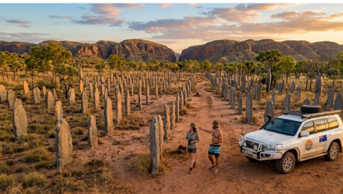 リッチフィールド国立公園にある「磁石アリ塚（Magnetic Termite Mounds）」が、広大な平原に整然と並ぶ不思議な光景を捉えた写真です。灰褐色の薄く平らなアリ塚が、まるで墓石のように、すべて正確に南北を向いて直立しています。前景では、アクーブラハットを被った男女のカップルが、その驚異的な光景に感嘆しながら小道を歩いています。彼らの隣には、冒険の相棒である白い4WD車（トヨタ・ランドクルーザー200）が停まっており、車体には「TOP END」のロゴとオーストラリア国旗、水上飛行機のステッカーが貼られています。背景には、赤褐色の山々と、乾燥したブッシュ、そして夕日に照らされたバオバブのような木々が点在し、アウトバックの静寂と神秘を感じさせる超高解像度8K画像です。