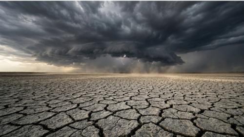 オーストラリア北部トップエンドの乾季終盤、干上がった湿地に広がる無数の幾何学的なひび割れ。地平線まで続く乾いた大地と、空を覆い尽くす巨大な積乱雲、遠くで走る稲光が、嵐の前の静寂と圧倒的な自然のエネルギーを感じさせる風景写真