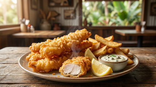 オーストラリアのカジュアルなカフェで提供される、揚げたてのクロコダイル・フィッシュ＆チップス。サクサクとした黄金色の衣をまとったワニ肉のフライ、厚切りポテト、レモン、タルタルソースが木製のテーブルに並ぶ、湯気が立ち上る食欲をそそる料理写真