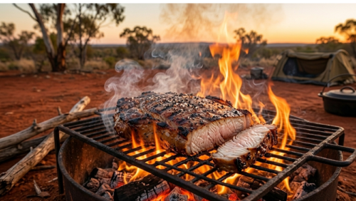 オーストラリアのアウトバックにて、夕暮れ時のキャンプファイヤーで豪快に焼かれる分厚いクロコダイルステーキ。炎と煙が立ち上るワイルドな調理風景