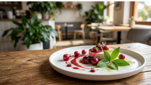 オーストラリアのスーパーフード「カカドゥ・プラム」の鮮やかな赤紫色のソースと、爽やかな「レモンマートル」のパウダーで彩られたモダンなデザートプレート。自然光が差し込む洗練されたカフェの木製テーブルに置かれた、目にも鮮やかでヘルシーな美食の一皿。