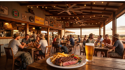 オーストラリアのアウトバックにある開放的なパブの木製テラス。手前には分厚いオージービーフのステーキと山盛りのポテト、結露した冷たいビールが置かれ、背景では夕暮れ時の柔らかな光の中で旅行者たちが賑やかに食事を楽しむ、フォトリアルなレストラン風景