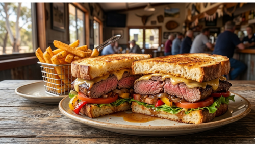 オーストラリアのパブで提供される、ボリューム満点のステーキ・サンドイッチ。香ばしくトーストされたパンに、分厚いオージービーフ、とろけるチーズ、シャキシャキのレタスやトマトが溢れんばかりに挟まれている。肉汁が滴る断面が食欲をそそる、揚げたてのフライドポテトを添えたカジュアルなランチ風景