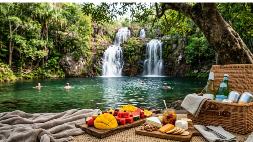 オーストラリア・リッチフィールド国立公園のフローレンス滝を背景にした、贅沢なピクニックの風景。手前の木製ボードには新鮮なマンゴーやスイカ、チーズ、クラッカーが並び、奥にはエメラルドグリーンの滝つぼと二段に流れ落ちる滝が広がる、自然の中の特別な時間を表現した風景写真