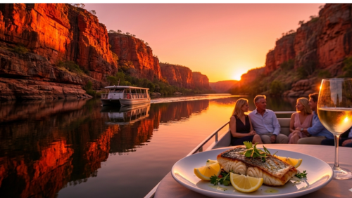 夕陽に深く染まるオーストラリア・ニトミルク渓谷の川をゆっくりと進むサンセット・ディナークルーズ。手前のテーブルにはこんがり焼かれた地元の白身魚バラマンディと白ワインのグラスが置かれ、背景にはオレンジ色に輝く巨大な赤い砂岩の断崖と穏やかな水面が広がる、贅沢な旅の風景写真。