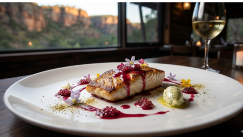 シカダ・ロッジのレストランで提供される、モダン・オーストラリア料理。手前の白いプレートには、完璧に焼かれたバラマンディにカカドゥ・プラムの鮮やかな赤紫ソース、エディブルフラワー、ネイティブスパイスが美しく盛り付けられている。窓の外に夕暮れ時のニトミルク渓谷を望む、キャンドルの灯りに包まれた高級感あふれるダイニング風景