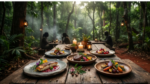 神秘的な霧が立ち込めるオーストラリア・アーネムランドの原生林。木漏れ日とキャンドルの柔らかな光に照らされた屋外の木製テーブルに、カカドゥ・プラムのソースを添えたグリルフィッシュやネイティブスパイスが香るオージービーフなど、5種の洗練されたブッシュ・タッカー料理が並ぶ、幻想的なディナー風景