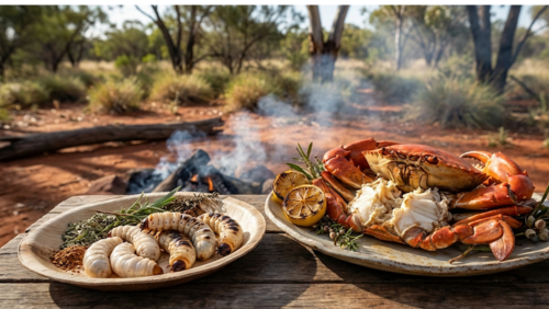 アウトバックの赤土の大地と焚き火を背景にした、伝統的なブッシュ・タッカー（先住民の食糧）の盛り合わせ。手前の木製テーブルには、軽く炙られた太く白いウィチェティ・グラブ（幼虫）と、鮮やかな赤橙色に蒸し上がった大ぶりのマッドクラブが、ネイティブハーブとともに自然素材の皿に並ぶ、ワイルドで生命力あふれる料理写真