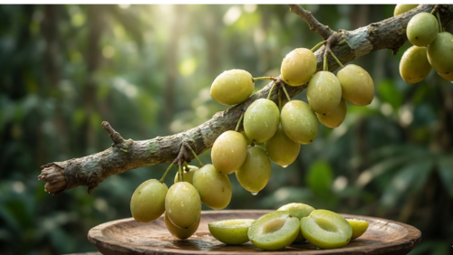 熱帯の森の柔らかな木漏れ日を浴びる、木の枝に実ったカカドゥ・プラムのマクロ写真。朝露に濡れた淡いグリーンの果実が連なり、手前の木製プレートには半分にカットされた瑞々しい断面が並ぶ。世界最高クラスのビタミンC含有量を誇るネイティブフルーツの、フレッシュで神秘的な生命力を捉えた一枚