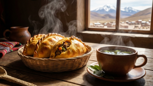 木製テーブルにサルテーニャ（肉と野菜入りのボリビア風焼きパイ）と湯気の立つコカ茶のカップが並ぶグルメセット。自然光が差し込み、料理と飲み物の色彩や質感が際立つフォトリアル写真。