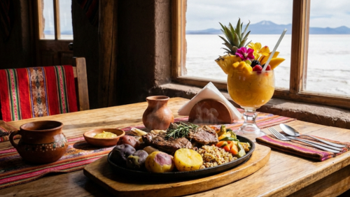 木製テーブルにアルパカ肉のグリルと地元野菜を盛った皿と、フルーツ飾りのトロピカルカクテルが並ぶグルメセット。自然光で彩りが鮮やかに映えるフォトリアル写真。