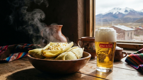 木製テーブルにホミンタ（トウモロコシ蒸し料理、チーズ入り）と泡立つボリビア産ビールのグラスが並ぶグルメセット。自然光で温かみのある色彩と質感が映えるフォトリアル写真。